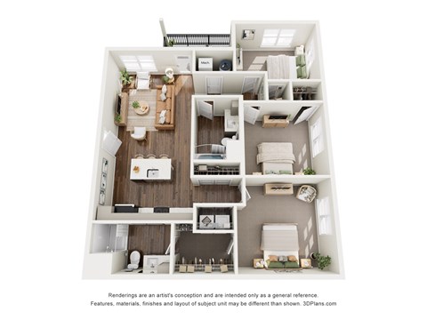 Floor plan for 3 beds, 2 baths, 1286 sqft